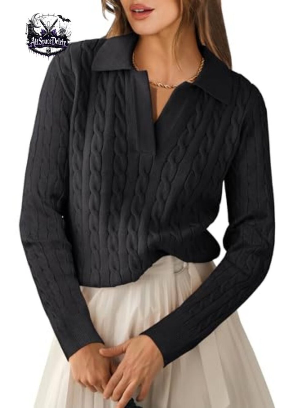 Cable Knit Long Sleeve Polo Sweater Pullover Work Fall Layering